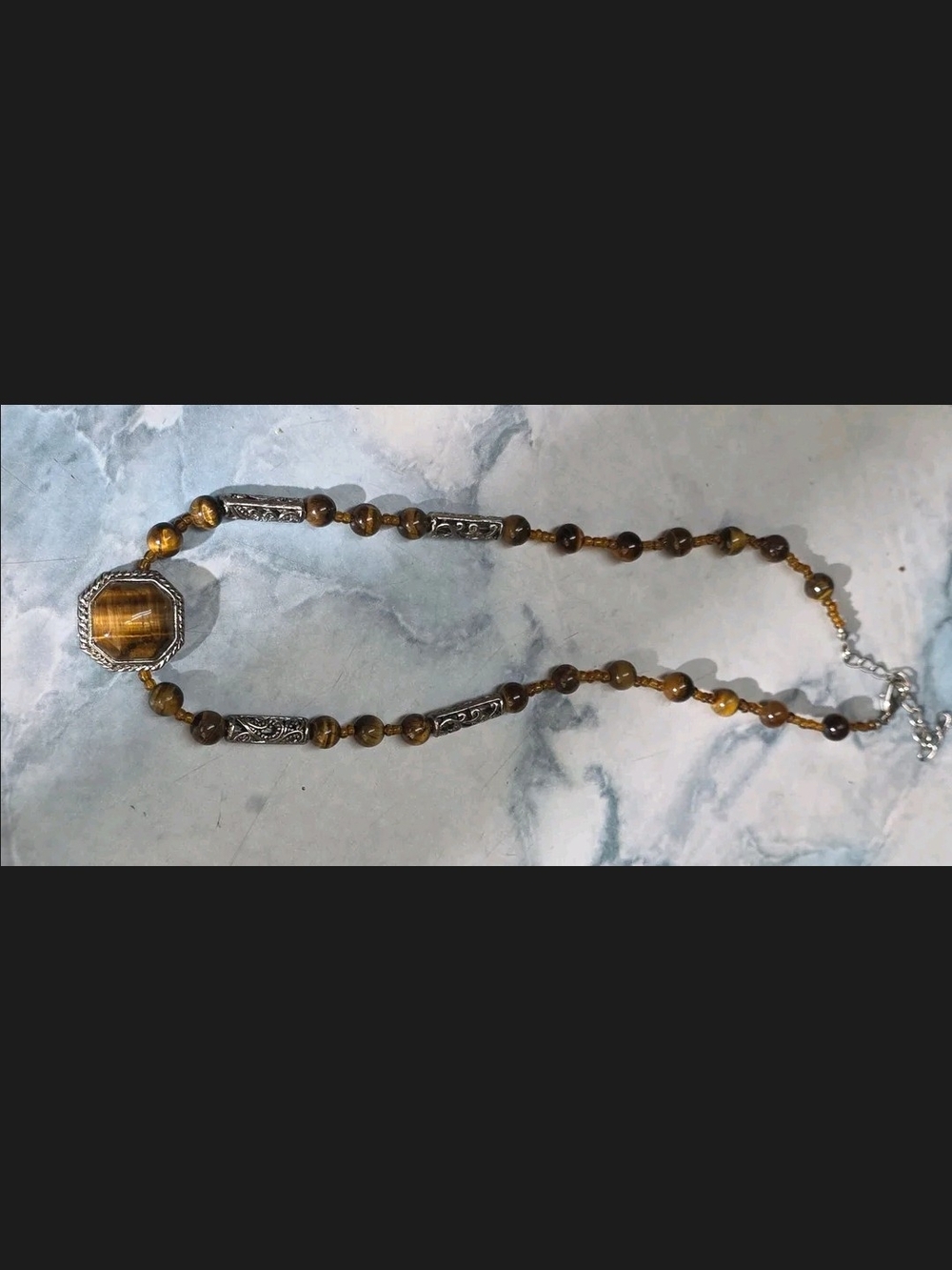 Tiger Eye Beaded Pendant Necklace - Brown Stone and Silver Accents